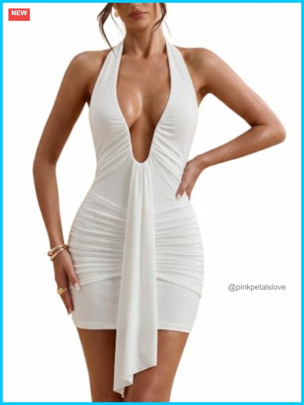 Halter Mini Dress Deep V Neck Backless Ruched Bodycon Sleeveless Club Party